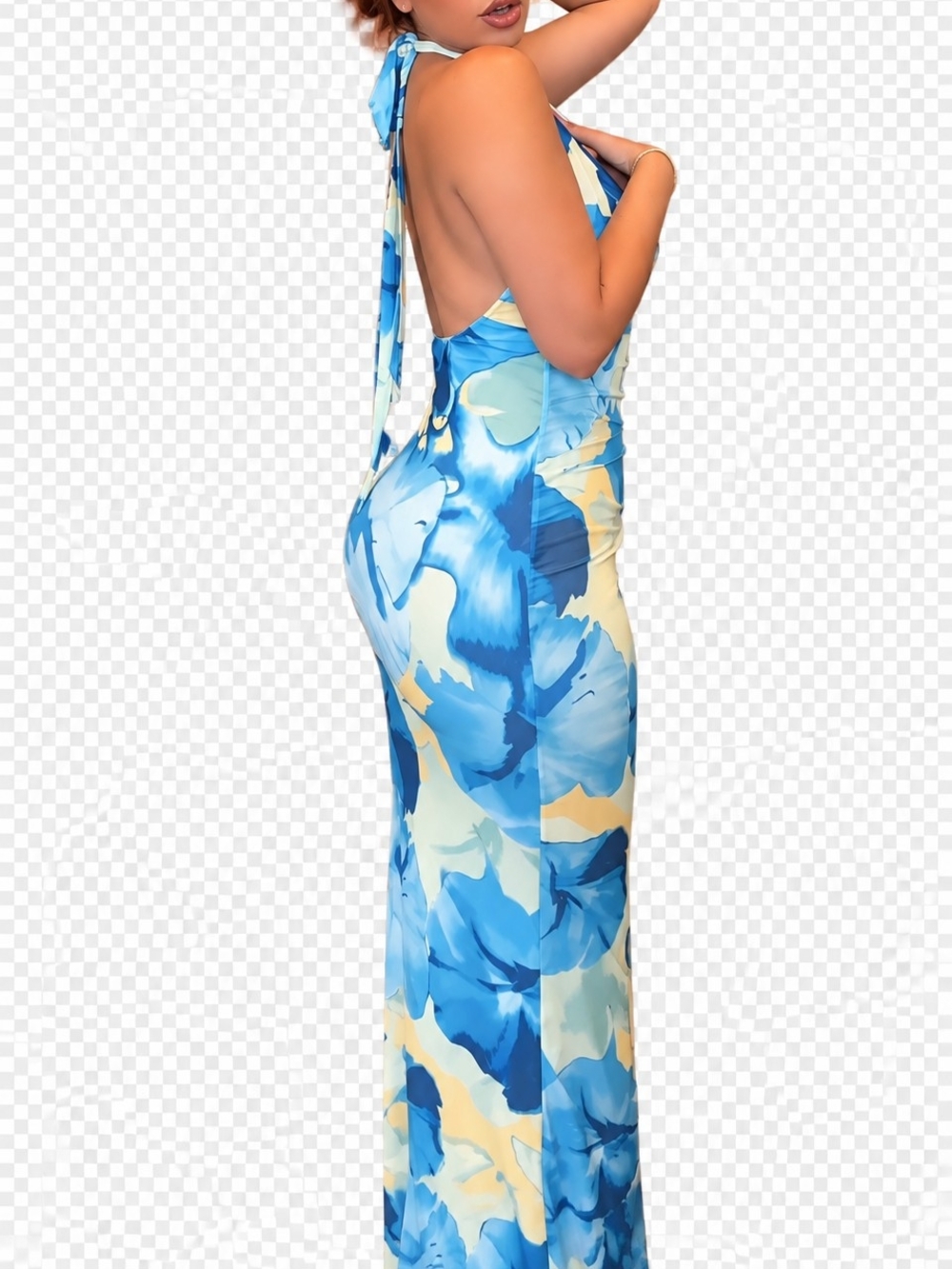 Open-Back Blue Floral Halter Maxi Dress